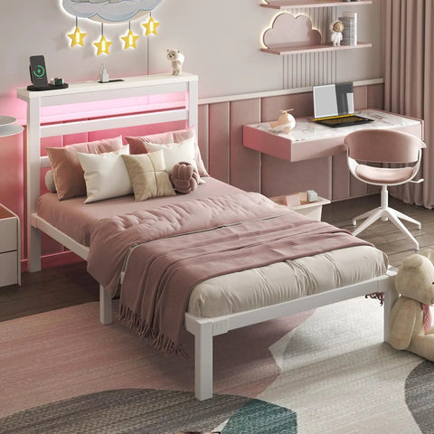 Totally Sweet Twin Size Metal Bed Frame With White Storage Headboard Featuring Smart App Control Rgb Led Lights And Built In Usb Charging Ports For Ultra Chill Bedroom Setups That Slap, showcasing a pink bedding setup.