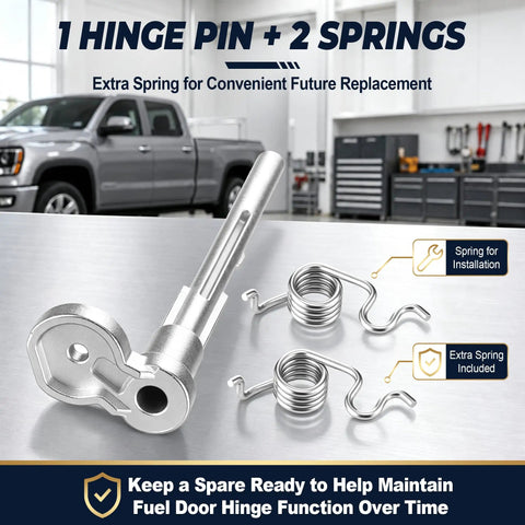 Fuel Door Hinge Repair Kit With Zinc Alloy Pin And Two Springs For Chevrolet Silverado 1500 2019-2025 And 2500 3500 HD 2020-2025, Also Compatible With GMC Sierra 1500-3500 HD, Easy Bolt-On Replacement. Zinc pin and springs