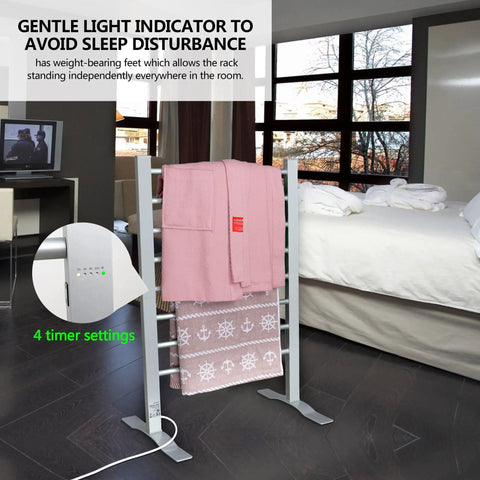 Eight Bar Towel Warmer With Timer For Bathroom And Laundry, Portable Free Standing Heated Rack, holding pink towels, in bedroom.