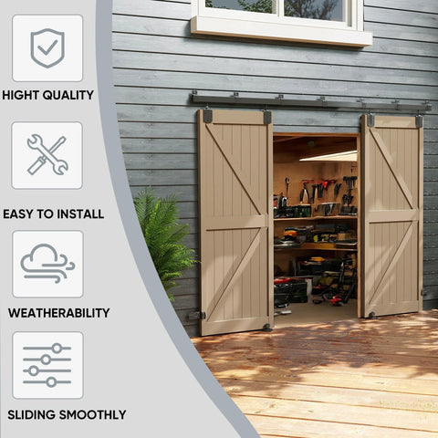 Installed 10 Foot Box Rail Exterior Barn Door Hardware Kit For Two Doors System Wall Mount Sliding Track Kit Black Heavy Duty