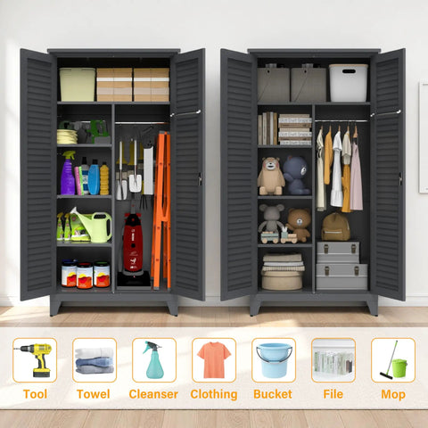 73 Inch Tall Metal Tool Storage Cabinet That Fires Up Your Shop With Roomy Garage Like Organization Space For Workshop Warehouse Garden Office Living Room And Utility Room Built Tough From Rust Resistant Steel With Adjustable Shelves Lockable, open shelves stored with tools, clothes, and supplies