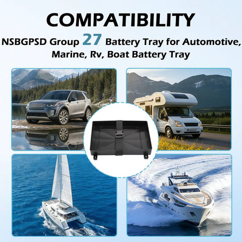 Rock Solid Group 27 Battery Tray With Quick Release Strap For Automotive Marine Rv And Boat Secure Mount Up To 7X12 Point 5 Inches Heavy Duty Anti Vibration Base Two Pack Ironclad Grip with strap in center and vehicles around