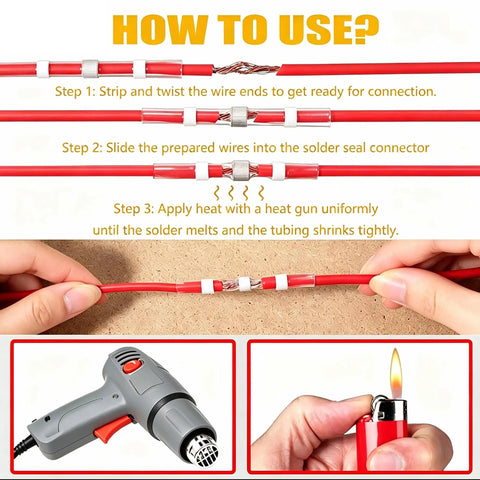 How to use Top Shelf 100 Pack White Solder Seal Wire Connectors for 26 to 24 AWG cables in three steps.