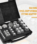 Heavy Duty BSPP Cap And Plug Kit For Hydraulic Systems, 56-piece galvanized steel fitting set in black case, precision threading