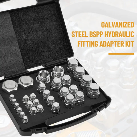 Heavy Duty BSPP Cap And Plug Kit For Hydraulic Systems, 56-piece galvanized steel fitting set in black case, precision threading