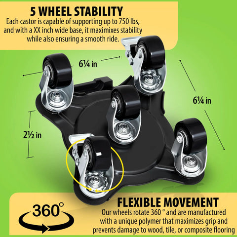 Heavy Duty Furniture Movers With Wheels Set Of 4 Easy Sliders Dollies Lifter Tool for Moving Sofa Couch Cabinet Appliances Piano Up To Two Thousand Pounds showing 5-wheel stability and flexible movement features on green background.