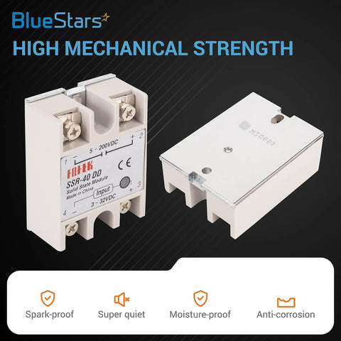 Solid State Relay 40A DC To DC, 3 To 32V Input, 5 To 200V Output, Single Phase Semiconductor Relay Module Pack Of 2 For Precise Temperature Control, Automation, And DIY Projects, front and side view