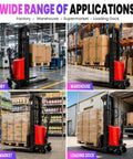 Heavy Duty 48V 1600W Semi Electric Pallet Stacker in factory with stacked boxes for industrial material handling