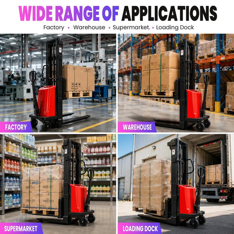 Heavy Duty 48V 1600W Semi Electric Pallet Stacker in factory with stacked boxes for industrial material handling