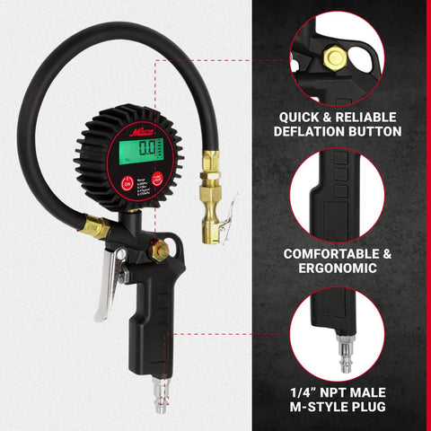 Digital Tire Inflator With Gauge 14 Inch Rubber Hose 250 PSI 3 In 1 Inflate Deflate And Measure Brass Lock On Chuck Car Accessory