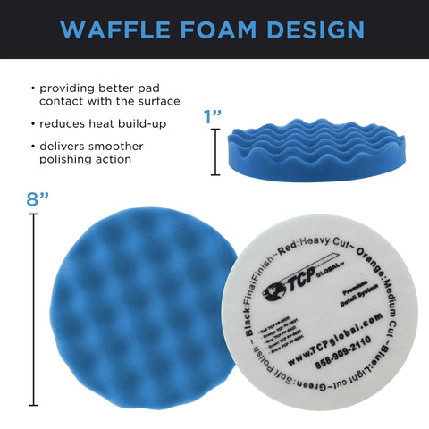 Pro Level Car Buffing And Polishing Kit With Eight Inch Waffle Foam Pads and Backing Plate, features and dimensions shown.
