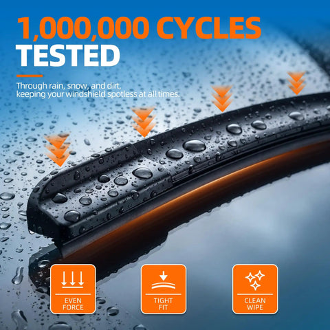 Premium All Season Windshield Wiper Blades Set Of 2, 26 And 16 Inch Fit, showing tested performance through rain and dirt.