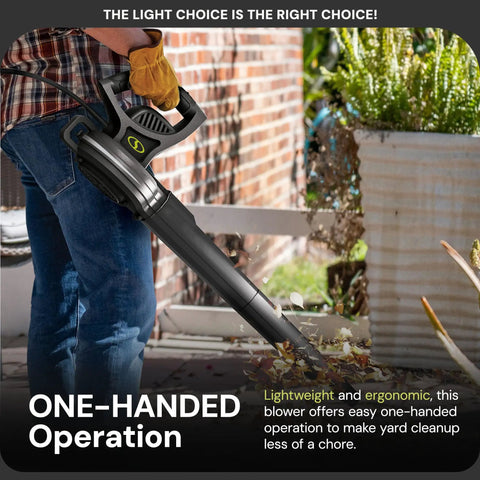 Person using All Purpose Electric Leaf Blower With 6 Amp Motor, 155 MPH Air Velocity, 260 CFM, for yard cleanup