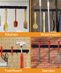 Heavy Duty Stainless Steel Broom Holder Wall Mount with 3 Racks and 4 Hooks organizing tools in kitchen, washroom, tool room, and garden