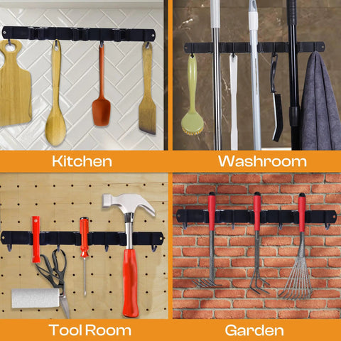 Heavy Duty Stainless Steel Broom Holder Wall Mount with 3 Racks and 4 Hooks organizing tools in kitchen, washroom, tool room, and garden
