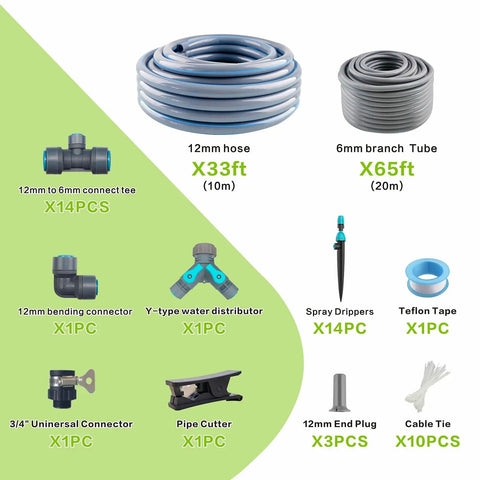 98ft Fast Connect Irrigation System Kit With 12mm And 6mm Tubing, Adjustable Emitters, Connectors, Tools, and Accessories