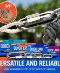 316 Stainless Steel Locking D Shape Chain Link Clips Four Pack Heavy Duty Quick Links with 3/8 inch connector for rope and anchor.