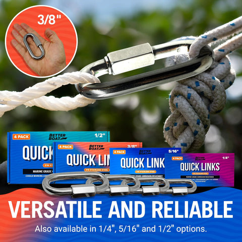 316 Stainless Steel Locking D Shape Chain Link Clips Four Pack Heavy Duty Quick Links with 3/8 inch connector for rope and anchor.