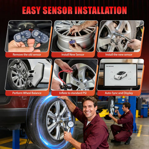 Bluetooth TPMS Sensor For Tesla Model 3 Model Y Model S And X Direct Fit With Stable Signal Auto Pairing Plug And Play No Programming Required OE Style Tire Pressure Monitoring For 2020 To 2026 showing installation and tire pressure display