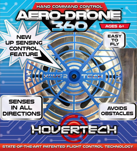Self-Flying Aero Drone 360 For Kids With Hand Command Control packaging showing features like sensors and collision protection.