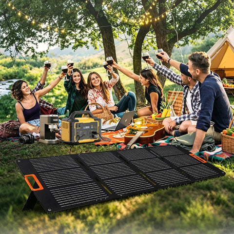 Top Shelf Solar Generator Bundle 200 Watt Panel Hooked Up To 1000 Watt Power Station used by friends outdoors at a picnic.