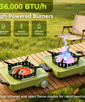 Propane Camping Stove 2 Burner Hybrid Infrared And Open Flame 36,000 BTU on outdoor table with green color and windproof feature.