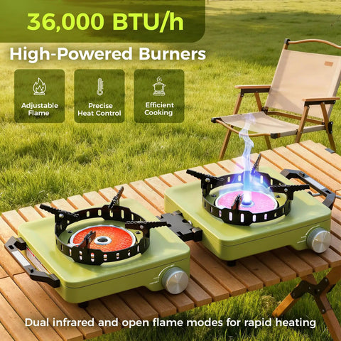 Propane Camping Stove 2 Burner Hybrid Infrared And Open Flame 36,000 BTU on outdoor table with green color and windproof feature.