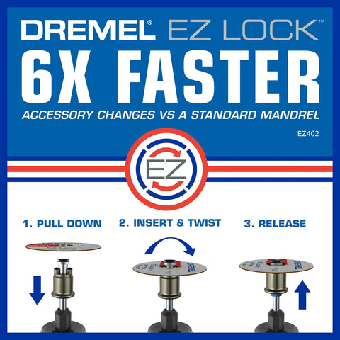 Heavy Duty EZ Lock Sanding And Grinding Rotary Tool Accessories Kit With Eighteen Pieces showing EZ Lock process for quick accessory changes.