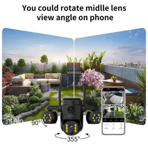 Triple Lens Outdoor Wireless Security Camera Bringing Serious Eyes On Your Property with phone control and panoramic view.