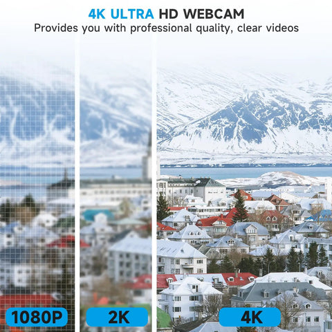 Comparison of video quality: 1080P, 2K, and 4K from the Plug And Play 4K Webcam Delivers Pristine Video Clarity And Smooth Audio.