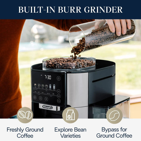 Person adding coffee beans to True Brew Drip Coffee Maker With Built In Grinder And Single Serve Function Brew 8 Oz To 24 Oz Hot Or Iced Coffee Stainless Steel CAM51025MB For Everyday Home Use.
