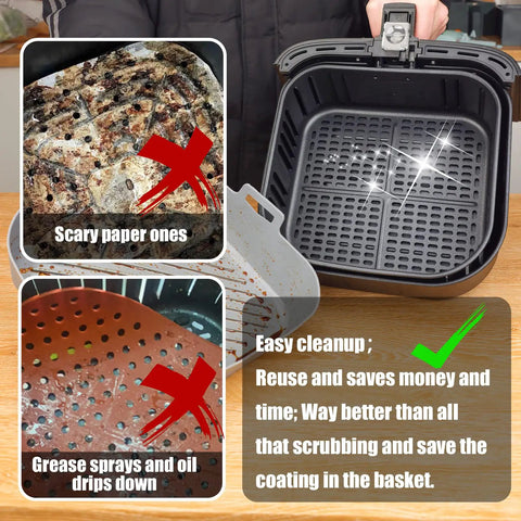 Easy cleanup with square silicone liners for air fryer two pack nonstick food grade reusable basket mats air fryer accessories.