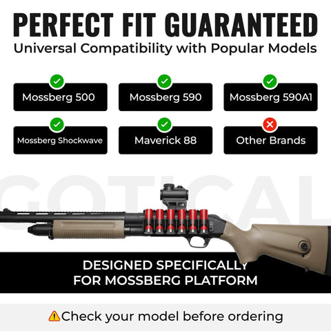 Receiver Mounted Side Saddle Shotgun Shell Carrier For Mossberg 500 590 Shockwave Maverick 88 Holds Up To Six 12 Gauge Shells Durable Quick Access Holder With Heavy Duty Hook And Loop Fastener For Easy Secure Fit on a Mossberg shotgun with compatibility chart