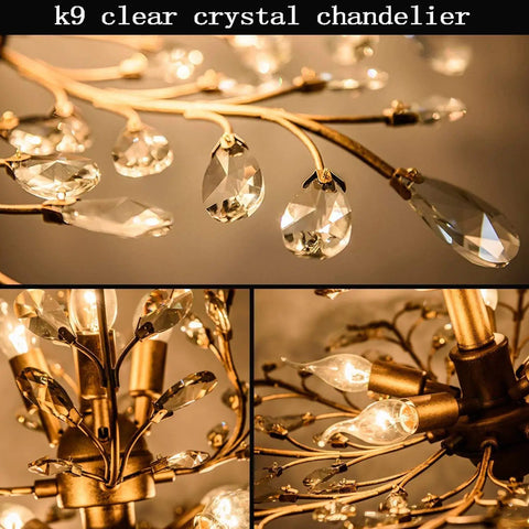Close-up of Three Light K9 Crystal Pendant Chandelier in Gold showing crystal details and bulb fittings