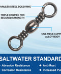Barrel Swivels Set for Freshwater and Saltwater Fishing, 50/100 Pcs Rolling Ball Swivels With Solid Ring Copper and Stainless Steel, Black Nickel Coated, Heavy Duty Tackle Connector, 35 to 165 Lb Test, saltwater swivel detail