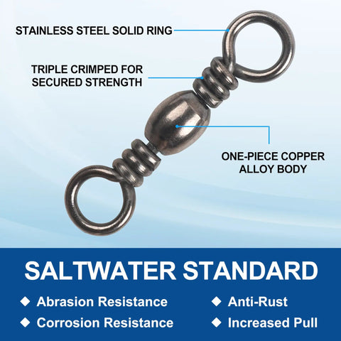 Barrel Swivels Set for Freshwater and Saltwater Fishing, 50/100 Pcs Rolling Ball Swivels With Solid Ring Copper and Stainless Steel, Black Nickel Coated, Heavy Duty Tackle Connector, 35 to 165 Lb Test, saltwater swivel detail