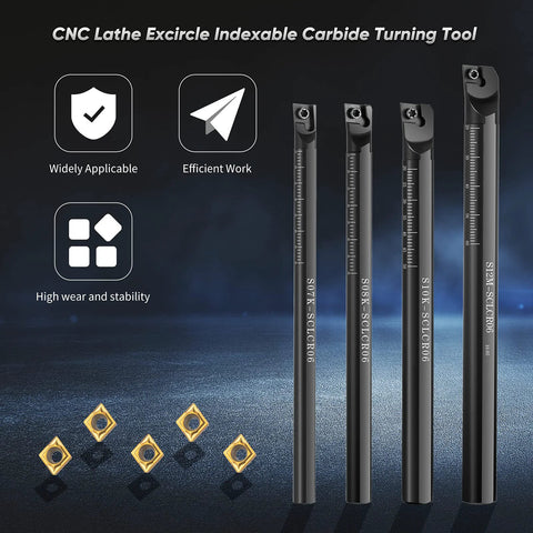 Lathe boring bar set with four 95° bars, scale graduations, 10 CCMT0602 carbide inserts, and four wrenches.