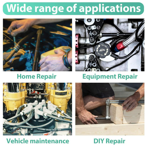 Collage showing various uses for 378 Piece NBR Metal Bonded Sealing Washer Kit With 12 Sizes M6 Through M30 for repairs and maintenance.