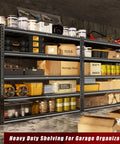 48 Inch Wide Heavy Duty Garage Shelving 5 Tier Storage Rack With Double Column Design For Maximum Stability And 3030 Lbs Load Capacity Ideal For Garage Organization And Heavy Tools Beefy Steel Construction Easy Assembly, loaded with tools and boxes