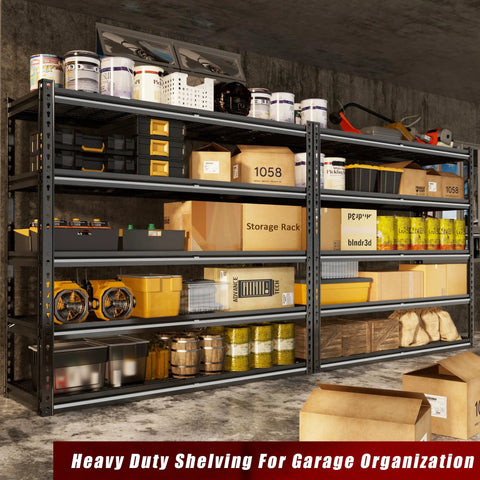 48 Inch Wide Heavy Duty Garage Shelving 5 Tier Storage Rack With Double Column Design For Maximum Stability And 3030 Lbs Load Capacity Ideal For Garage Organization And Heavy Tools Beefy Steel Construction Easy Assembly, loaded with tools and boxes