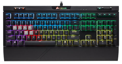 Top Tier Mechanical Gaming Keyboard With Butter Smooth Cherry Red Linear Keys And Killer Per Key RGB Backlighting For Your PC Rig Includes USB Passthrough And Macro Support For That Competitive Edge You Deserve, aerial view with colorful RGB backlighting.