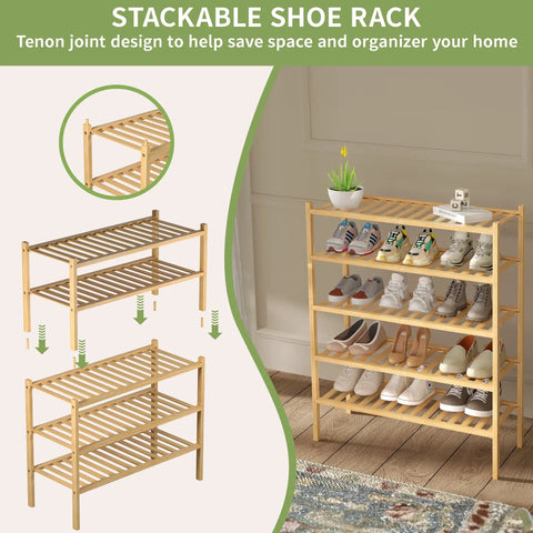 Built Tough 3 Tier Bamboo Shoe Rack, Heavy Duty Freestanding Entryway Shelf For Closets Or Tiny Rooms, No Fuss Natural Wood Storage Rack With Deep Shelves 27X11X20