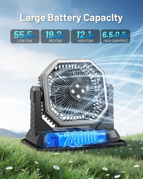 Beast Battery Rechargeable Misting Fan For Weekend Camping And Outdoors With 24000mAh Capacity shown on grassy field