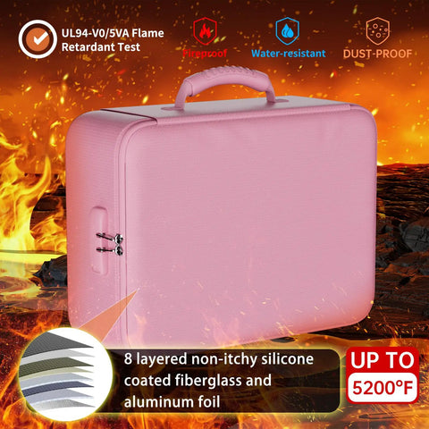 Beefed Up Heatproof Document Safe With Lock And Insulated 5200F Fireproof Waterproof Box in pink showing fire resistance.