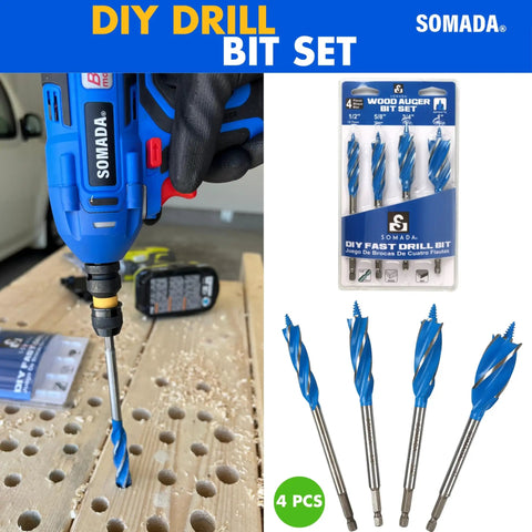 Woodworking Auger Drill Bit Set For Wood 4 Piece Includes 1/2 Inch 5/8 Inch 3/4 Inch And 1 Inch Sizes 6 Inch Long Quick Change Hex Shank For Impact Drills Built For DIY Pros displayed with drill and packaging