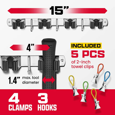 Two Pack Wall Mounted Broom and Mop Hanger Set With Stainless Steel Construction and Adhesive Mounting, shown with four clamps, three hooks, and ten colorful towel clips.
