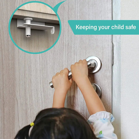 Top Door Lock For Kids Safety Adjustable Saddle Design Made From Durable Metal For 0.8 To 2 Inch Interior Doors installed on wood door