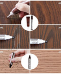 Before and after images demonstrating the Comprehensive Wood Furniture Repair Kit With Slick Touch Up Markers And Premium Wax Sticks For Easy No Sweat Scratch Crack Fix On Laminate Floors Tables And Headboards 42 Piece Restoration Set.