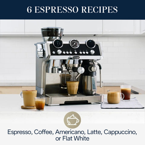 La Specialista Maestro Espresso Machine With Integrated Grinder And Eight Custom Adjustments To Pull Game Changing Cafe Quality Shots Daily Slick Steel Finish For Everyday Brew Masters with espresso drinks displayed.