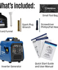 "Beast 1500 Peak Watt Portable Inverter Generator, Ultra Quiet and Lightweight, with accessories including oil, funnel, and manuals"